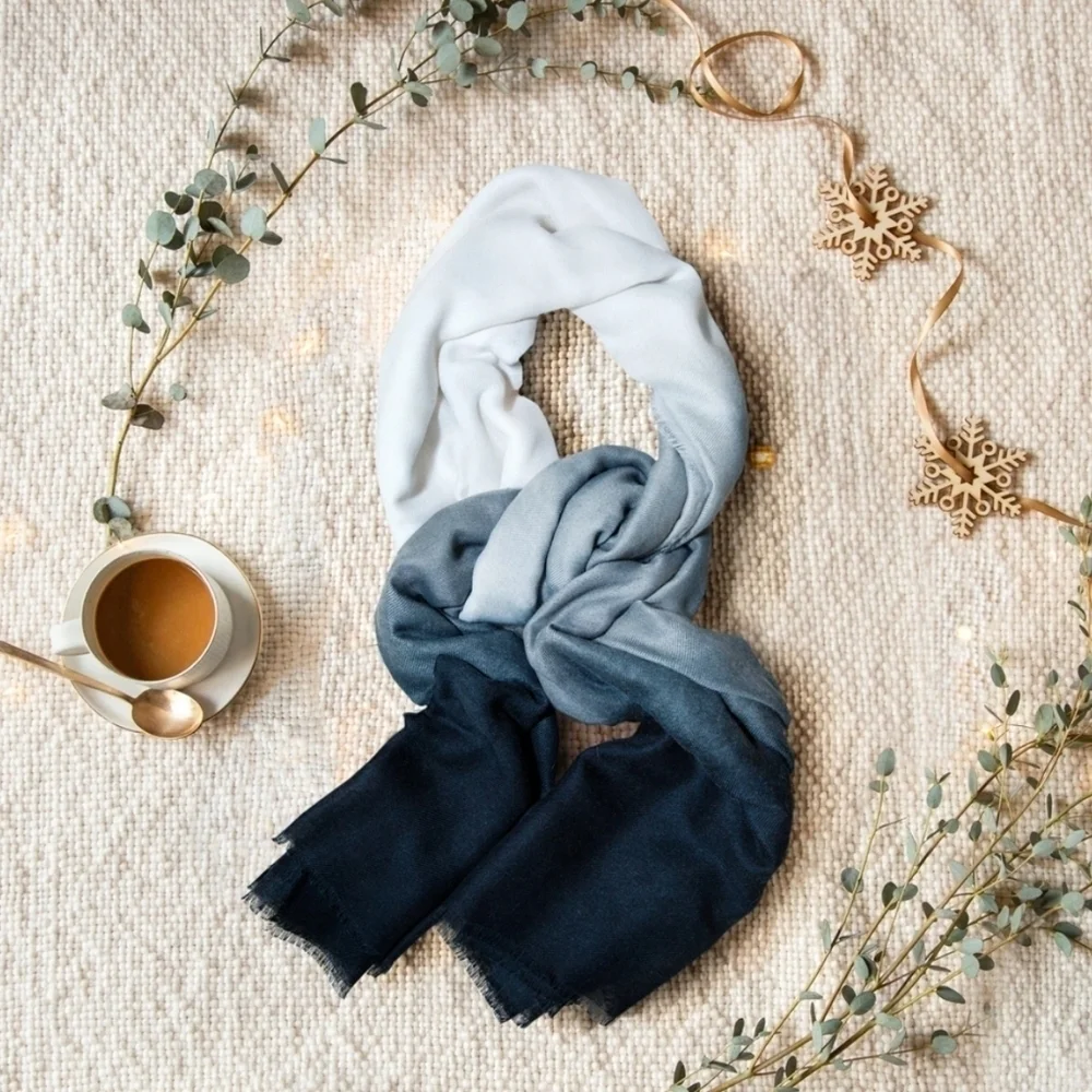 CUSHNIE Thin Knit Scarf Grey Horizon Ombre Blanket Soft Luxurious Oversized Cozy